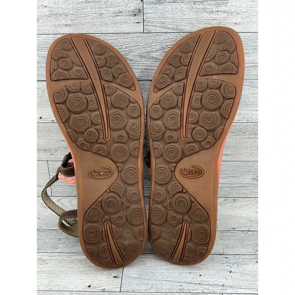 Chaco Women Leather Strappy Thong Sandals Brown Coral Size 10‎ LUVSEAT Footbed